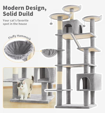 Made4Pets Tall Cat Tree, 80" Cat Tree Tower for Indoor Cats Large Adult, Modern Cat Tower with Scratching Post, Cozy Hammock, 3 Perches and 2 Condos, Sturdy and Fluffy, Light Gray - color: Light Gray
