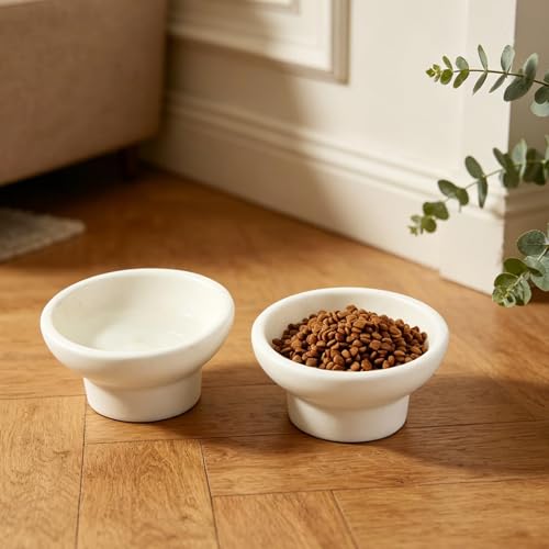 Karibiber Marble Elevated Cat Bowl, White Weighted Raised Cat Food & Water Bowl, Whisker-Friendly Stone Cat Dish with Non-Slip Stand, Heavy Water Bowls for Small Dog - color: White