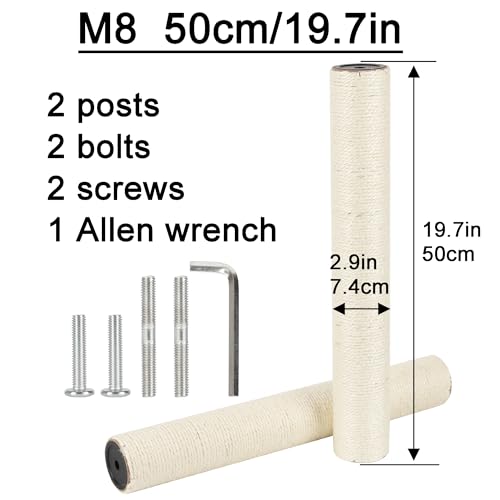 2.9in 7.4cm Diameter Cat Tree Scratching Post Replacement Sisal Pole Parts (M8, 50cm/19.7in) - color: 50cm/19.7in*2poles, size: M8