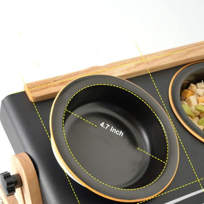 Pet Bowl Set with Ceramic Bowl and Iron-Wood Stand, Adjustable Height & Angle, Black
