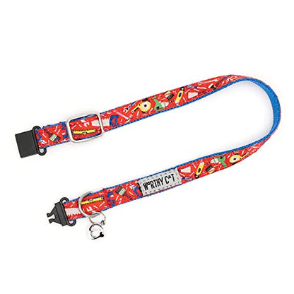 THE WORTHY DOG Patterned Tools Cat Collar with Bell, Adjustable Nylon Safety Collar, Red, One Size - color: Red-Tools