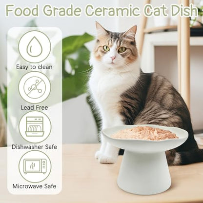 VCEPJH Raised Cat Food Bowls Shallow Cat Plate Ceramic Elevated Cats Dish 6.1in Flat Anti Whisker Fatigue Wide Pet Food & Water Feeder for Indoor Kitty Kitten (White) - color: white