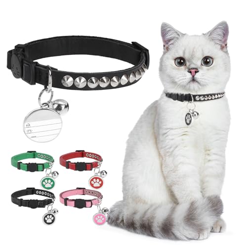 Leather Personalized Breakaway Cat Collar with Studded Bell and Safety Quick Release Buckle - Rivets Studded ID DIY Collars for Boy Girl Cats Kittens, 9" - 11.5" Black - color: Black, size: 9"-11.5"