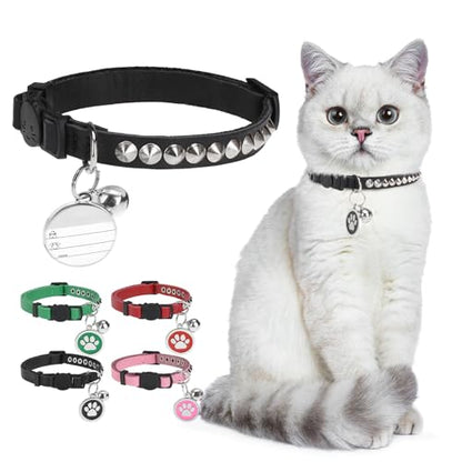 Leather Personalized Breakaway Cat Collar with Studded Bell and Safety Quick Release Buckle - Rivets Studded ID DIY Collars for Boy Girl Cats Kittens, Black XS - color: Black, size: 7"-9"