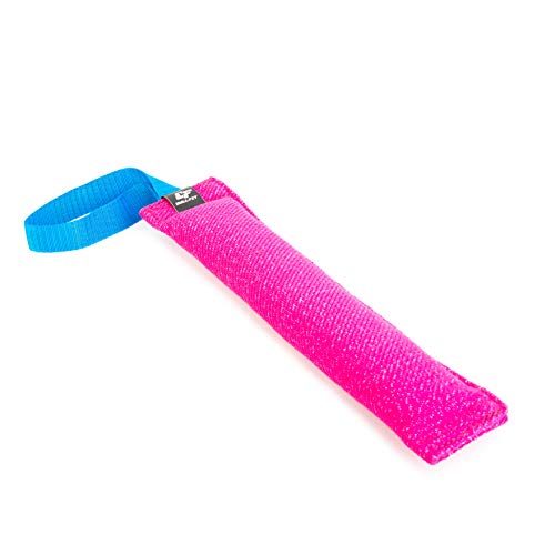 Bull Fit K9 Dog Bite Tug Toy with Strong Handle - Made of Durable & Tear-Resistant French Linen - Perfect for Tug of War, Fetch & Puppy Training - Ideal for Medium to Large Breeds - color: Pink Bite Tug with Blue Handle