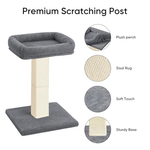 Cat Scratching Post, 32”Cat Scratcher with Large Plush Perch, Sisal & Carpet Scratching Post, Vertical Posts with Elevated Bed for Indoor Cats, Removable& Washable Cover, Grey - color: Grey with Bed