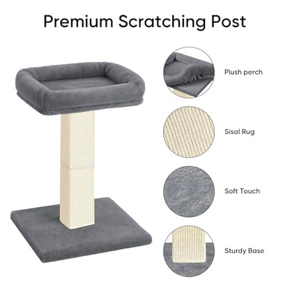 Cat Scratching Post, 32”Cat Scratcher with Large Plush Perch, Sisal & Carpet Scratching Post, Vertical Posts with Elevated Bed for Indoor Cats, Removable& Washable Cover, Grey - color: Grey with Bed
