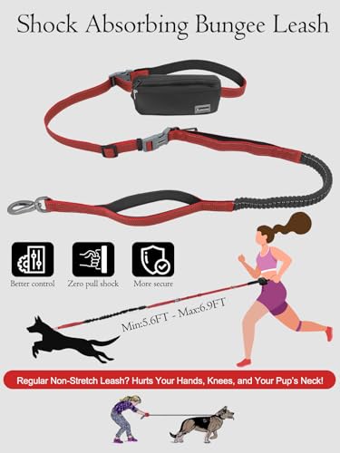 Hands Free Dog Leash with Zipper Pouch & Waist Belt – Reflective Durable Bungee Leash with Dual Padded Handles for Walking, Jogging & Running, Fits Small to Large Dogs (Red) - color: Red