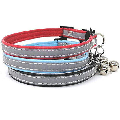 3 PCS Breakaway Cat Leather Collars, Reflective Safety Buckle Kitten Collar with Bell for Cat Kitty and Small Animals, Adjustable from 7.5in-12.5in (3 Colors)