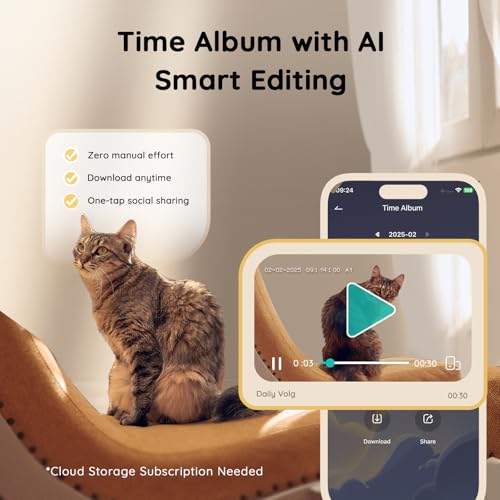 TKENPRO 2K Pet Camera Treat Dispenser, AI Photo Album, Dog Camera with 360° Auto Tracking & 5G/2.4G WiFi, 2-Way Talk, Remote Treat Tossing, Motion Alerts for Cats Indoor - color: Black