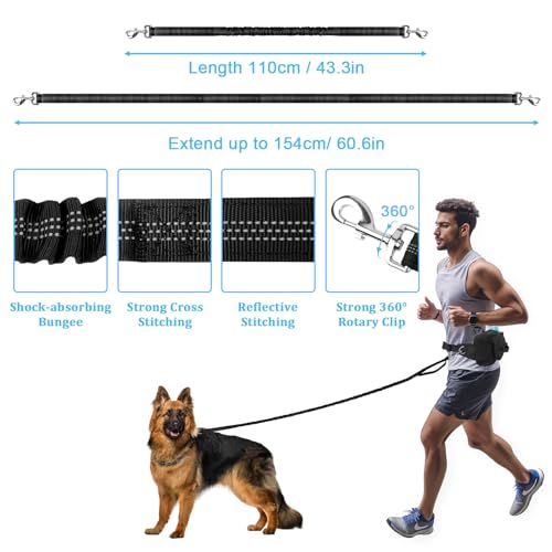 Hands Free Dog Leash with Zipper Pouch, Waist Belt for Large Medium Dogs for Running, Walking, Jogging and Hiking, Dual Padded Handles and Durable Bungee - Black (1 Dog Black) - color: 1 Dog Black