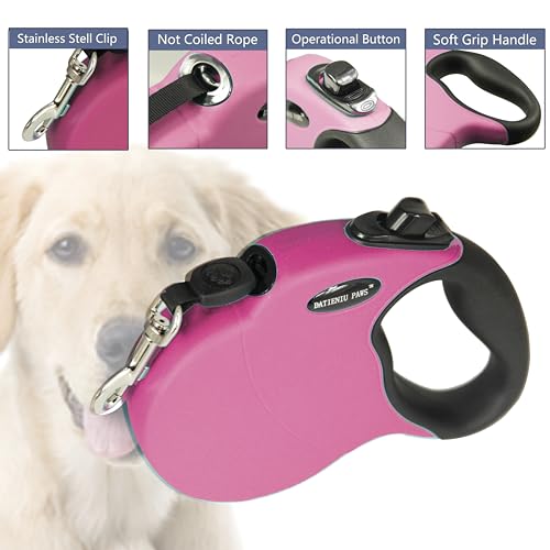16Ft Chew Proof Retractable Dog Leash Anti-Chewing Wire Ropes Hands-Free Adjustable Safety Lock Durable Nylon Belt for Medium Dogs Pink M - color: Pink, size: Medium