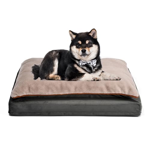 Amazon Basics Dog Bed with Cooling Gel Memory Foam, Pressure-Relief Support for Dogs up to 50lbs, Non-Slip Bottom, Machine Washable Cover, Large Sized (36" x 27"), Grey - color: Grey, size: Large, style: Plush Cushion Bed