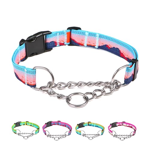 Martingale Dog Collars with Stainless Steel Chain, Reflective No Pull Walking Training Collar with Quick Release Buckle, Adjustable Slip Chain Nylon Dog Collars for Small Medium Large Dogs - color: Blue and orange, size: Large