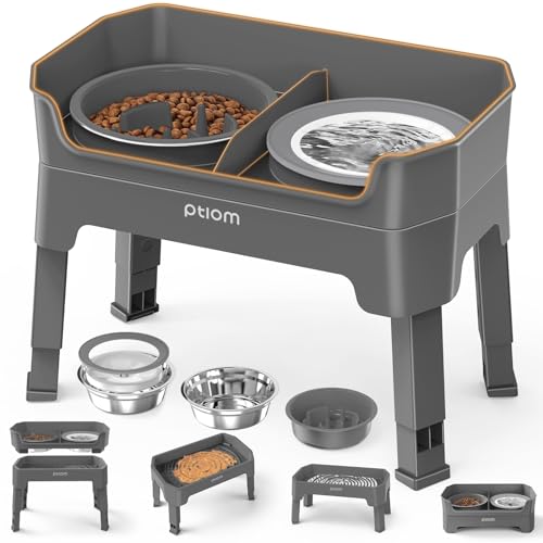 4-in-1 Elevated Slow Feeder Dog Bowls, 4 Height Adjustable Mess Proof Raised Dog Bowl Stand with No Spill Water Bowl, Stainless Steel Doggy Food Dish & Slow Feeder for Large Medium Small Pets - color: Grey, size: Water Bowl + Stainless Steel Bowl + Slow F