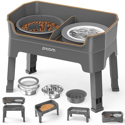 4-in-1 Elevated Slow Feeder Dog Bowls, 4 Height Adjustable Mess Proof Raised Dog Bowl Stand with No Spill Water Bowl, Stainless Steel Doggy Food Dish & Slow Feeder for Large Medium Small Pets - color: Grey, size: Water Bowl + Stainless Steel Bowl + Slow F