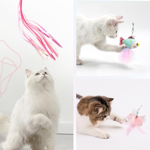 Cat Wand Toys for Indoor Cats - Cat Toy Set with Retractable Teaser Wand and 6 PCS Fairy Feather Toy Refills, Butterfly Tassel Plush Cat Toys Interactive, Pink - color: Pink