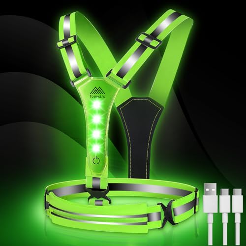 Topward LED Reflective Vest Running Gear, USB-C Rechargeable, Light Up Lights for Night Dog Walking Cycling, Running Phone Holder Vest for Runners, High Visibility with Adjustable Waist/Shoulder - color: green