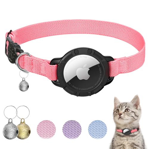 AirTag Cat Collars, Stretchy Collar with Apple AirTag Holder and Bell, Breakaway Ultra Design Elastic GPS Tracking Collars for Cats and Puppies, (7.5-12.5 Inch), Hot Pink - color: Hot Pink