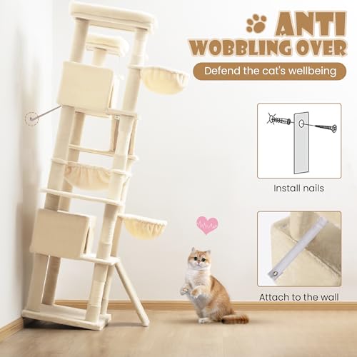 SHA CERLIN 81in Multi-Level Tall Cat Tree Tower for Indoor Kitties/Larger Cat Condo Furniture with Hammock/Cozy Pussycat Perches/Sisal Scratching Posts/Pet House/Wide Base/Beige - color: Beige