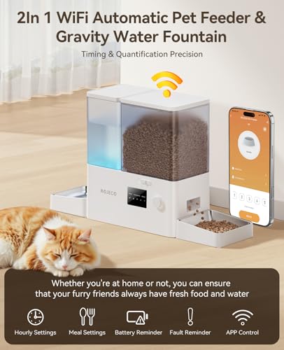 Rojeco 36Cups/8.5L WiFi Automatic Cat Feeder and Gravity Water Dispenser,Stainless Steel Bowls 2-in-1 Large Capacity 5L Food Dispenser with APP and 3.5L Water Fountain for Pets,Dogs,Puppies,Kittens - color: White, size: 8.5L-WiFi