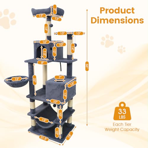 PETSITE 66 Inches Tall Cat Tree, Multi-Level Cat Tower with Sisal Scratching Posts, Side Basket, 2 Comfy Condos, Hammock, Soft Padded Top Perch, and Hanging Balls, Ideal for Indoor Cats (Dark Grey) - color: Dark Grey