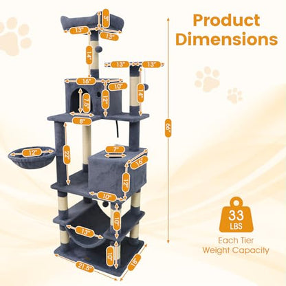 PETSITE 66 Inches Tall Cat Tree, Multi-Level Cat Tower with Sisal Scratching Posts, Side Basket, 2 Comfy Condos, Hammock, Soft Padded Top Perch, and Hanging Balls, Ideal for Indoor Cats (Dark Grey) - color: Dark Grey