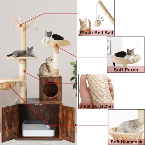 Timberer Cat Tree Tower with Litter Box Enclosure, 2-in-1 Wooden Cat Condo with Sisal Scratching Post, Hammock, Brown - color: Brown