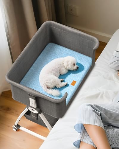 Bedside Dog Bed, 6-Height Adjustable Elevated Cat Bed for Small & Medium Puppy & Cat, Extension for Human Bed, Pet Bassinet with Removable & Washable Cover, Dogs Couch with Sides (30" L x 21" W) - size: Large