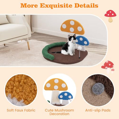 Tangkula Mushroom Cat Bed, Cat Claw Scratcher with Wide Large Platform, Sisal Scratching Panel, Spring Ball, PP Cotton Padded Headrest, Cat Tree House with Interactive Toys for Kittens - size: 17 Inch