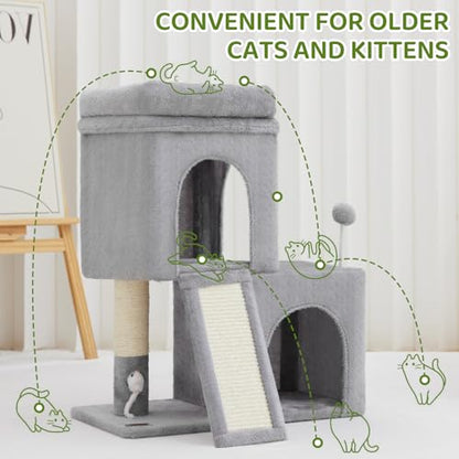 Woochpet 24inch Tall Cat Tree with 2 Cat Condo and Mouse Toy Cozy Small Cat Tower with Scratching Post and Board for Kitties and Small Cats.（Light Grey） (22 * 13 * 28) - size: 22*13*28