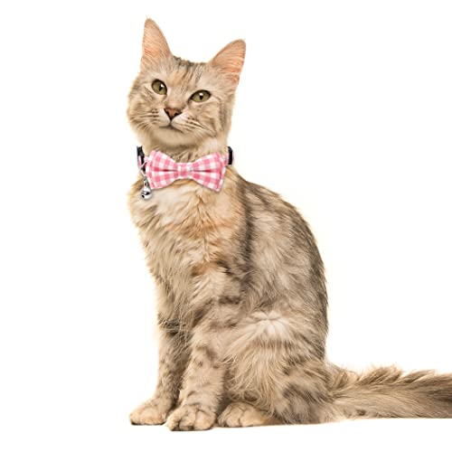 2 Pack/Set Cat Collar Breakaway with Cute Bow Tie and Bell Plaid Flower for Kitty Adjustable Safety - color: Pink