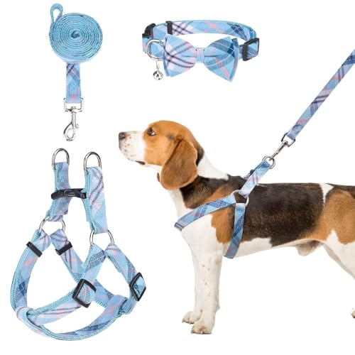 BINGPET Dog Harness Collar Leash Set,Adjustable No Pull Escape Proof Small Dog Harness,Classic Plaid Puppy Harness and Leash Set for Small Medium Large Dogs Training Easy Walk Running(Blue,M) - color: Blue Plaid, size: M(Chest Girth:17.3''-23.38'')