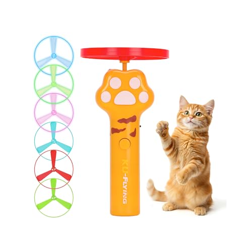 Cat Chase Fetch Toy - Rechargeable Disc Launcher with 6 Flying Spinners - Best Interactive Pet Hunting Toys for Indoor Outdoor Yard Cats Dog (Yellow) - color: Yellow