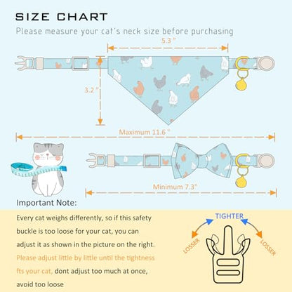 Faygarsle 2 Pack Chicken Pattern Cat Collar Set with Bandana and Bowtie, Light Blue, Breakaway Safety Clasp with Bell - color: Blue Chicken
