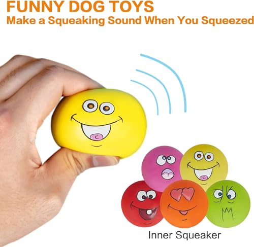 Squeaky Dog Toy Chewing Dog Toys Durable Teething Latex Rubber Soft Interactive Fetch Play Dog Balls with Funny Face for Puppy Small Medium Pet Dog (5PCS) - color: 5 PCS Smile Face