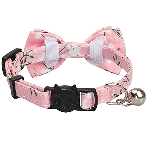 Cat Collar with Bow Tie Bell Breakaway Bowtie 2pcs Set Spring Plaid Flower Floral Solid Boy Girl Cute Kitten Safety A Pink Flower & Plaid - color: A [Flower & Plaid]-Pink