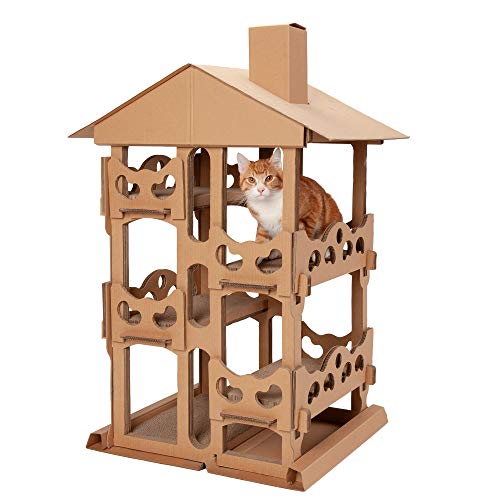 Furhaven Cardboard Cat House Tower Playground, Multi-Level Cat Tree Hideout Scratcher with Catnip