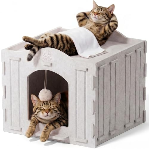 Cat Bed Cave for Indoor Cats: New Felt Cat Bed with Fluffy Ball, Foldable Cat House with Scratch-Resistant Board, Hideaway Cat Cave for Timid Cats, Sturdy Two-Tier Cat Condo & Cat Houses - color: Cat Cave Bed - Indoor