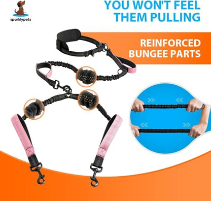 SparklyPets - Hands Free Dual Dog Leash for Medium and Large Female Dogs - Padded Handles, Reflective Stitches, No Pull, Tangle Free - Walking, Hiking, Jogging, Canicross Waist Leash - Gradient Pink - color: Gradient Pink, size: 2 dogs M/L