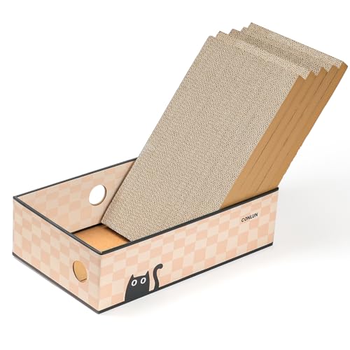 Conlun Cat Scratcher Box with Heavy-Duty Double-Sided Cardboard Pad, Cardboard Lounger, Interactive Hole Design, Cat Bed for Indoor Cats, Checkered,Large - 5 Pack - color: Chessboard, size: L-5 Pack