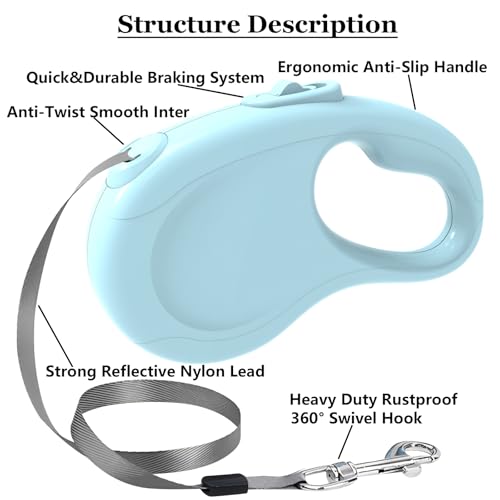 Retractable Dog Leash, 16Ft/5M Light Weight Retractable Leash for Small Medium Dogs/Cats Up to 50lbs, Strong Nylon Tape 360° Tangle-Free One-Hand Brake (Blue) - color: Blue