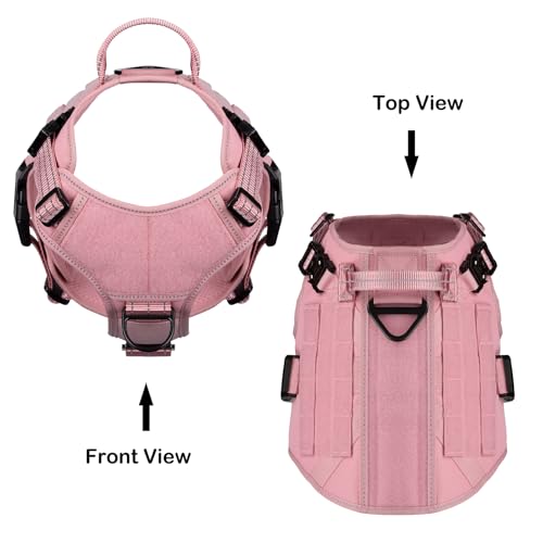 ICEFANG Tactical Dog Harness,Small Size, 2X Metal Buckle,Working Dog MOLLE Vest with Handle,No Pulling Front Leash Clip,Hook and Loop Panel (Pink, S (Pack of 1)) - color: Pink, size: Small (Pack of 1)