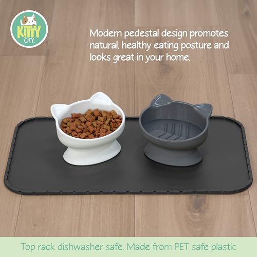 Kitty City Elevated Slow Feeder Cat Bowls (Set of 2), Whisker-Friendly Raised Cat Food Dishes with Ridges, Helps Reduce Fast Eating & Digestion Issues, Dishwasher Safe, 6.5 oz – White & Gray - color: White & Gray, style: Small - Slow Eat