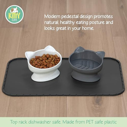 Kitty City Elevated Slow Feeder Cat Bowls (Set of 2), Whisker-Friendly Raised Cat Food Dishes with Ridges, Helps Reduce Fast Eating & Digestion Issues, Dishwasher Safe, 6.5 oz – White & Gray - color: White & Gray, style: Small - Slow Eat