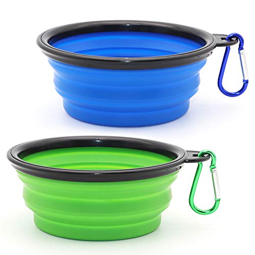 Dog Bowl Pet Collapsible Bowls, 2 Pack for Cats Dogs, Portable Pet Feeding Watering Dish for Walking Parking Traveling with 2 Carabiners (Small, Blue+Green) - color: Blue+Green, size: Small