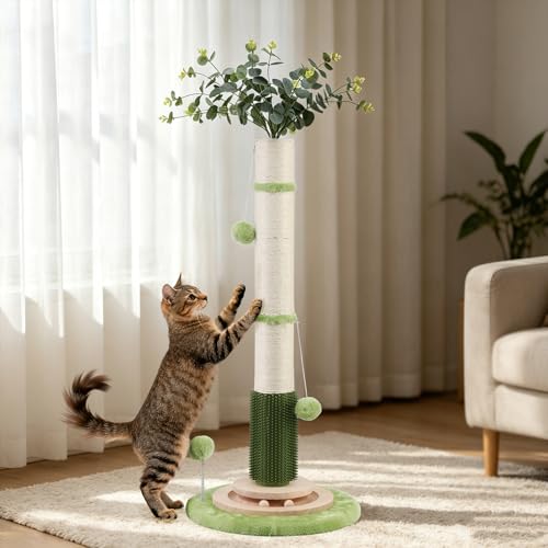 45'' Extra Tall Cat Scratching Post for Large Cats,3.5Inch Natural Sisal Scratcher with Solid Wood Base,Stable Cat Scratch Post with Interactive Toy,Self Groomer,Climbing Pole for Full Body Stretching - color: green-45inch