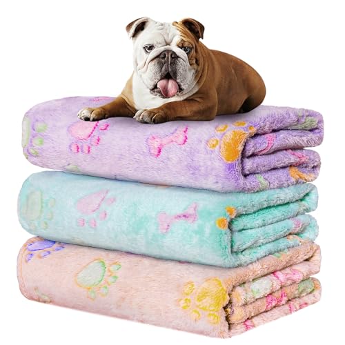 Rezutan Dog Blankets for 3 Pack Medium Blanket Cat Soft Fuzzy Blankets Washable,Soft Comfort Flannel,Pet Blanket,Reversible Dog Paw Print,30 x 20 inch,Purple/Green/Brown - color: Purple1/Green1/Brown1, size: Medium,30x20Inch