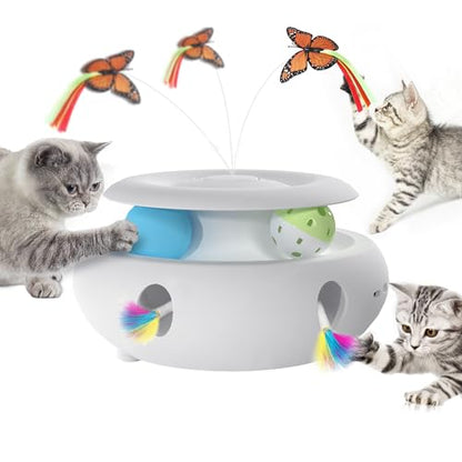 Cat Toys, 3-in-1 Interactive Cat Toy for Indoor Cats, Rechargeable Automatic Kitten Toy with Fluttering Butterfly, Moving Feather, Smart Sensor 6 Holes Whack-A-Mole & Track Balls (White) - color: white