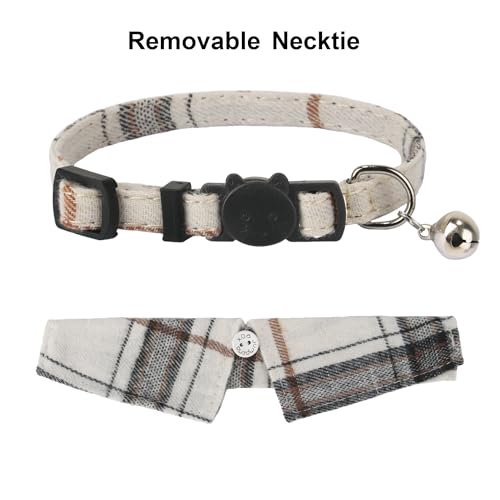 ADOGGYGO Cat Collar Breakaway with Bowtie Bell, Removable Shirt Collar, 2 Pack Beige Blue Plaid Collars for Cat Kitten - color: Beige&Blue-3